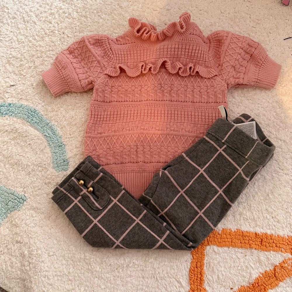 Pink Ruffled Knit Sweater and Gray Plaid Pants Set